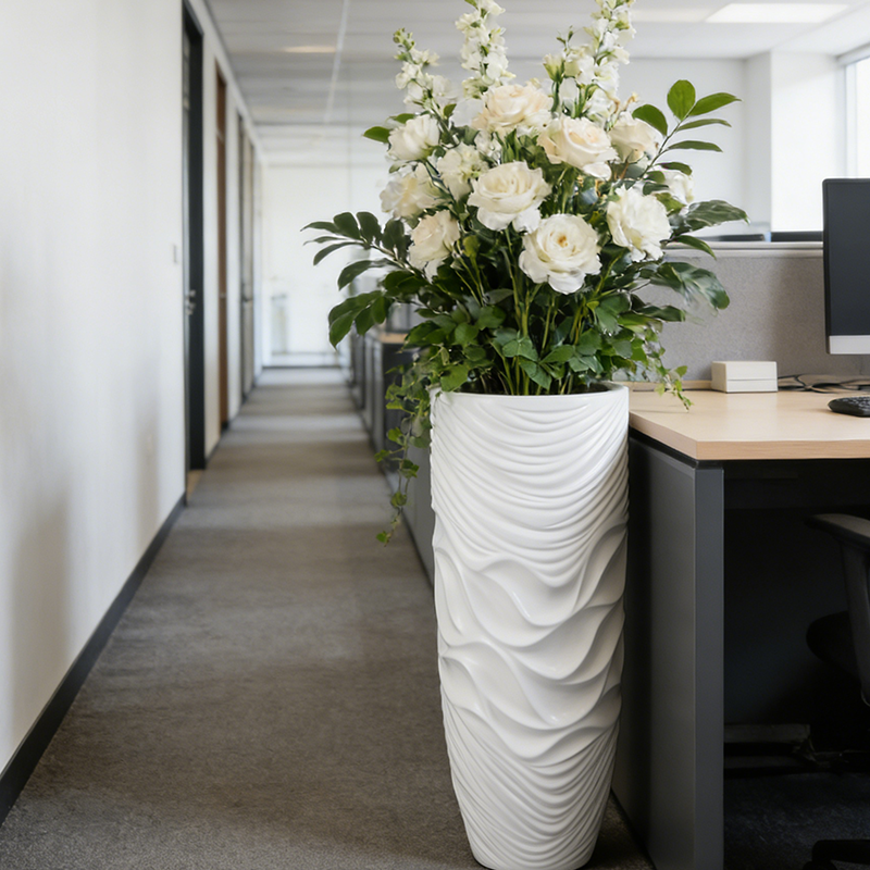 Ripple Shape Glossy White Morden Fiberglass Plant Pot for Home Decoration 