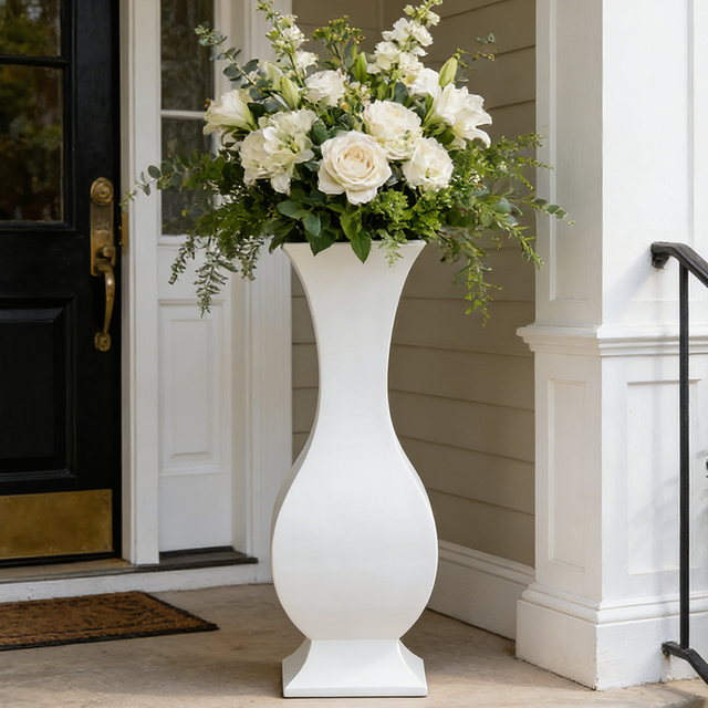 White & Gold Square Shped Fiberglass Flower Planting Pots for Indoor Decoration 