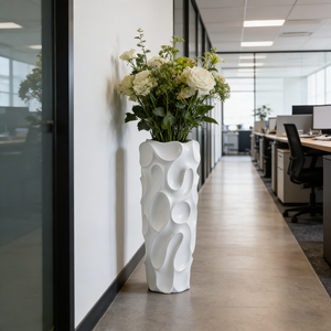 Glossy White Flower Green Floor Planting Pot for Office Decor