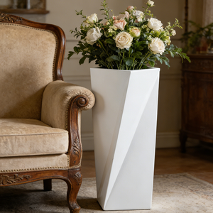 Glossy White Geometric Shaped Fiberglass Plant Pot for Commercial Building