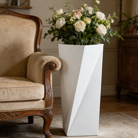 Glossy White Geometric Shaped Fiberglass Plant Pot for Commercial Building