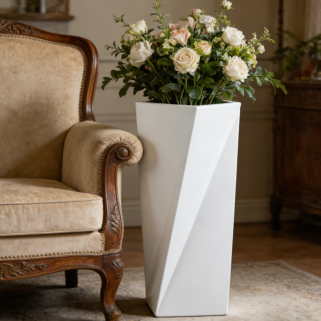 Glossy White Geometric Shaped Fiberglass Plant Pot for Commercial Building