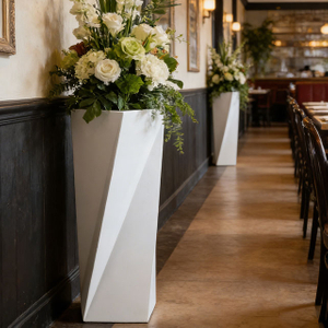 Glossy White Geometric Shaped Fiberglass Plant Pot for Commercial Building