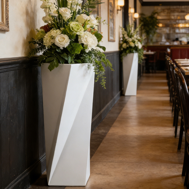 Glossy White Geometric Shaped Fiberglass Plant Pot for Commercial Building