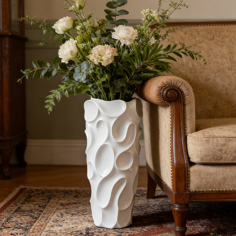 Glossy White Flower Green Floor Planting Pot for Office Decor