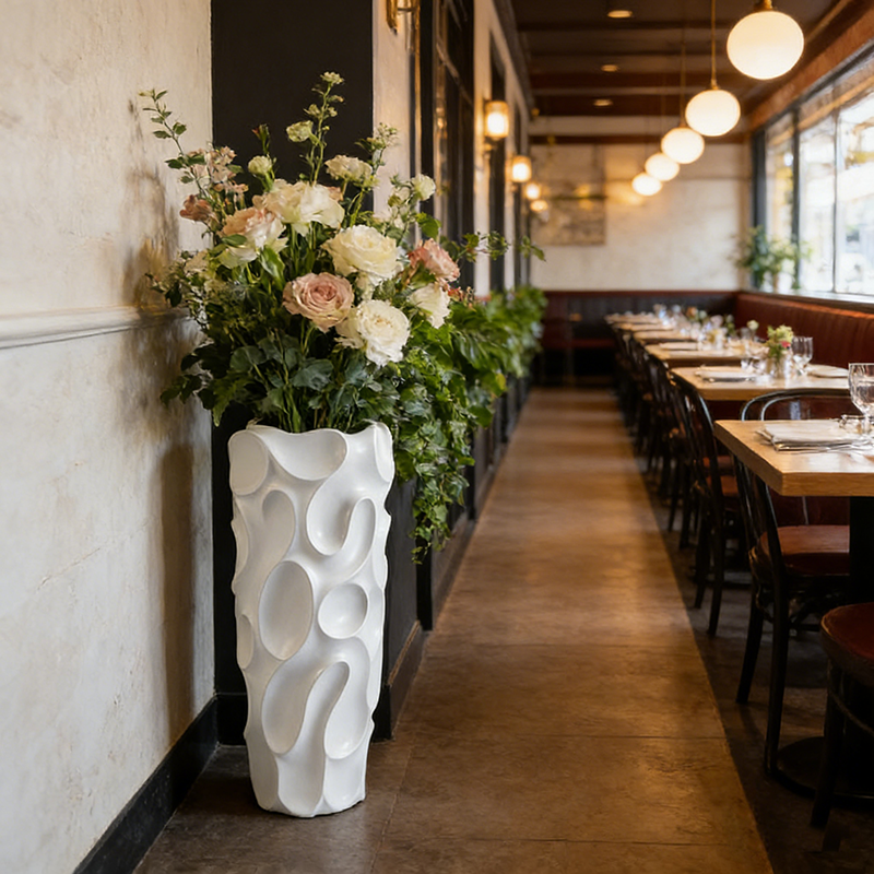 Glossy White Flower Green Floor Planting Pot for Office Decor